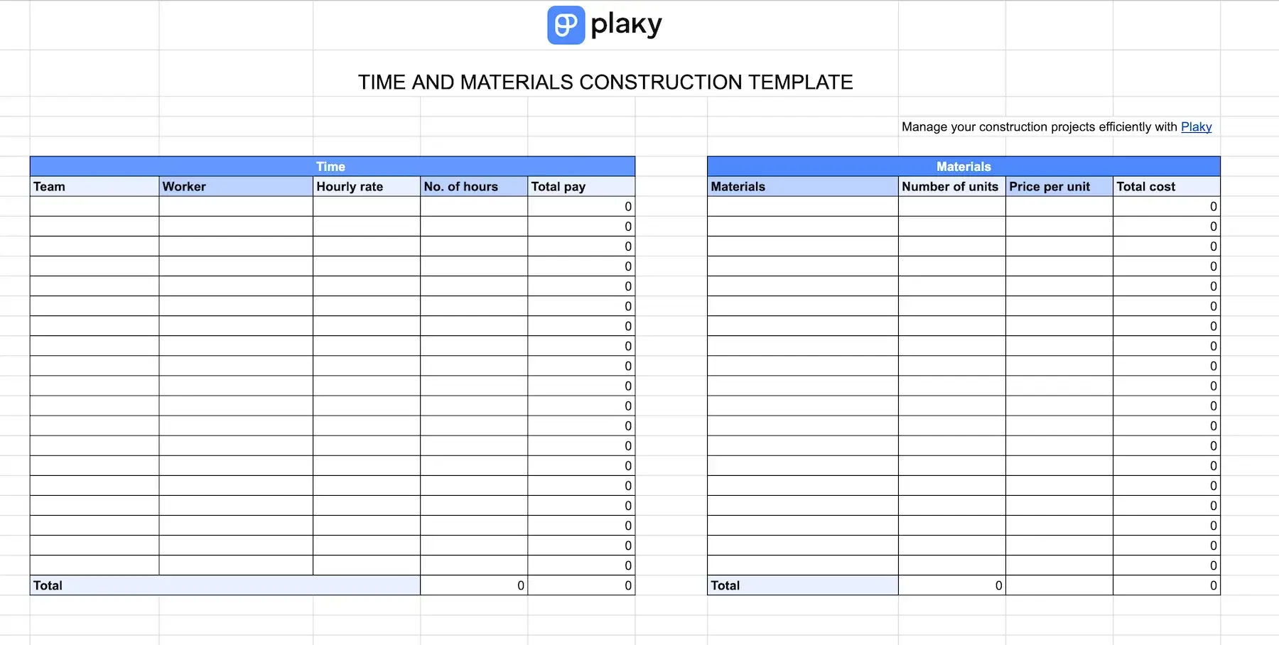 Plaky's Time and materials construction template