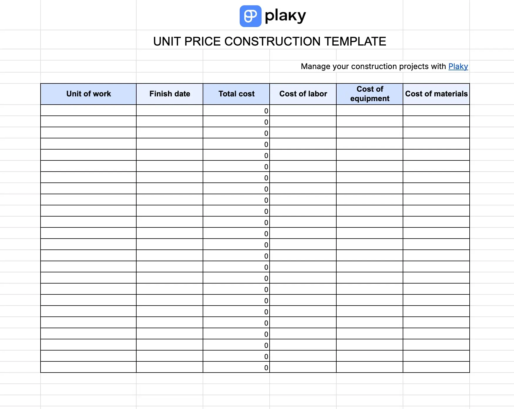 Plaky's Unit price construction template