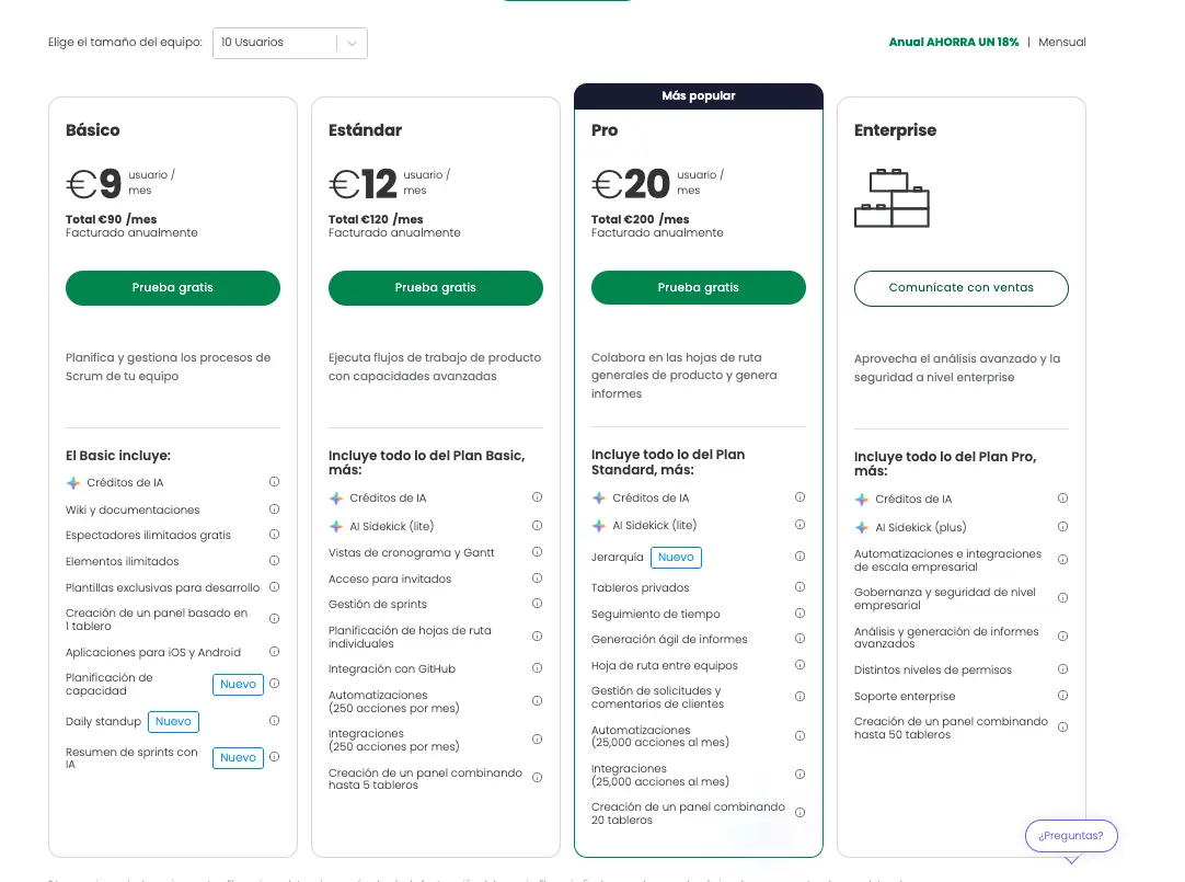 Planes de precios para desarrolladores de monday.com (fuente: monday.com)