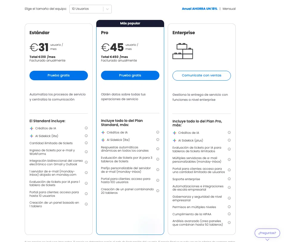 Planes de precios de la aplicación service de monday.com (fuente: monday.com)
