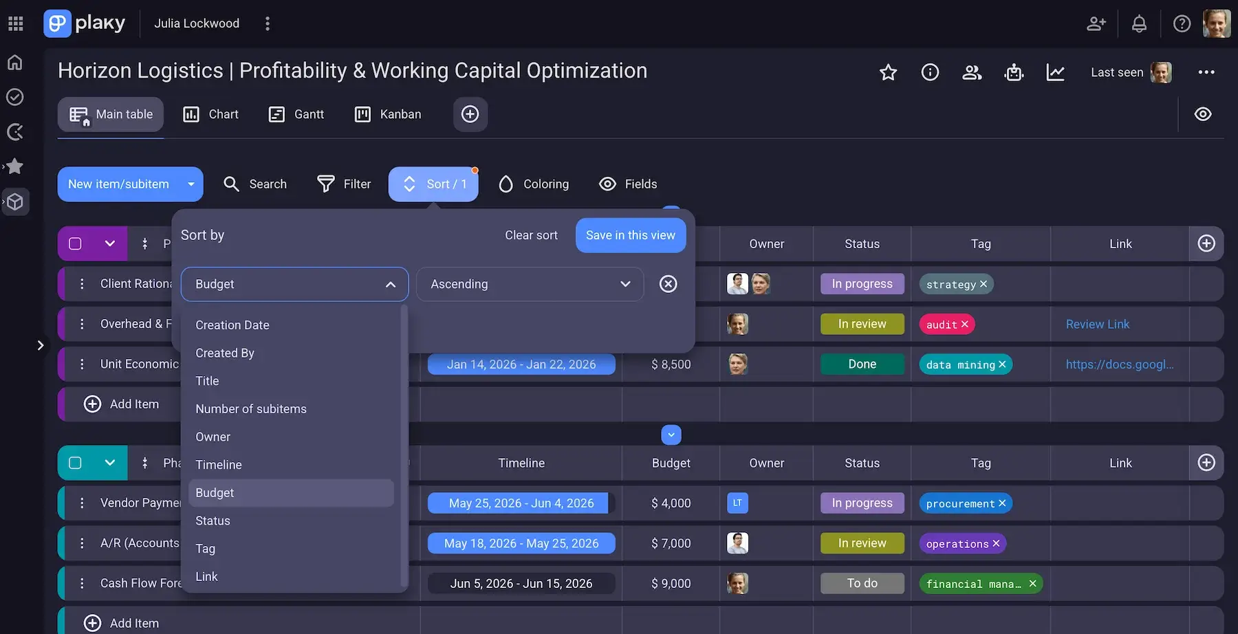 Sort tasks in Plaky