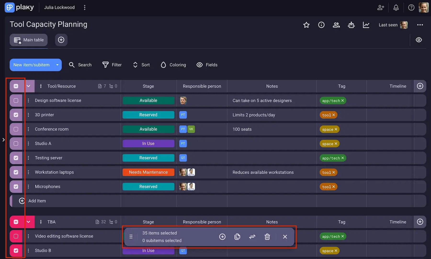 Bulk actions in Plaky