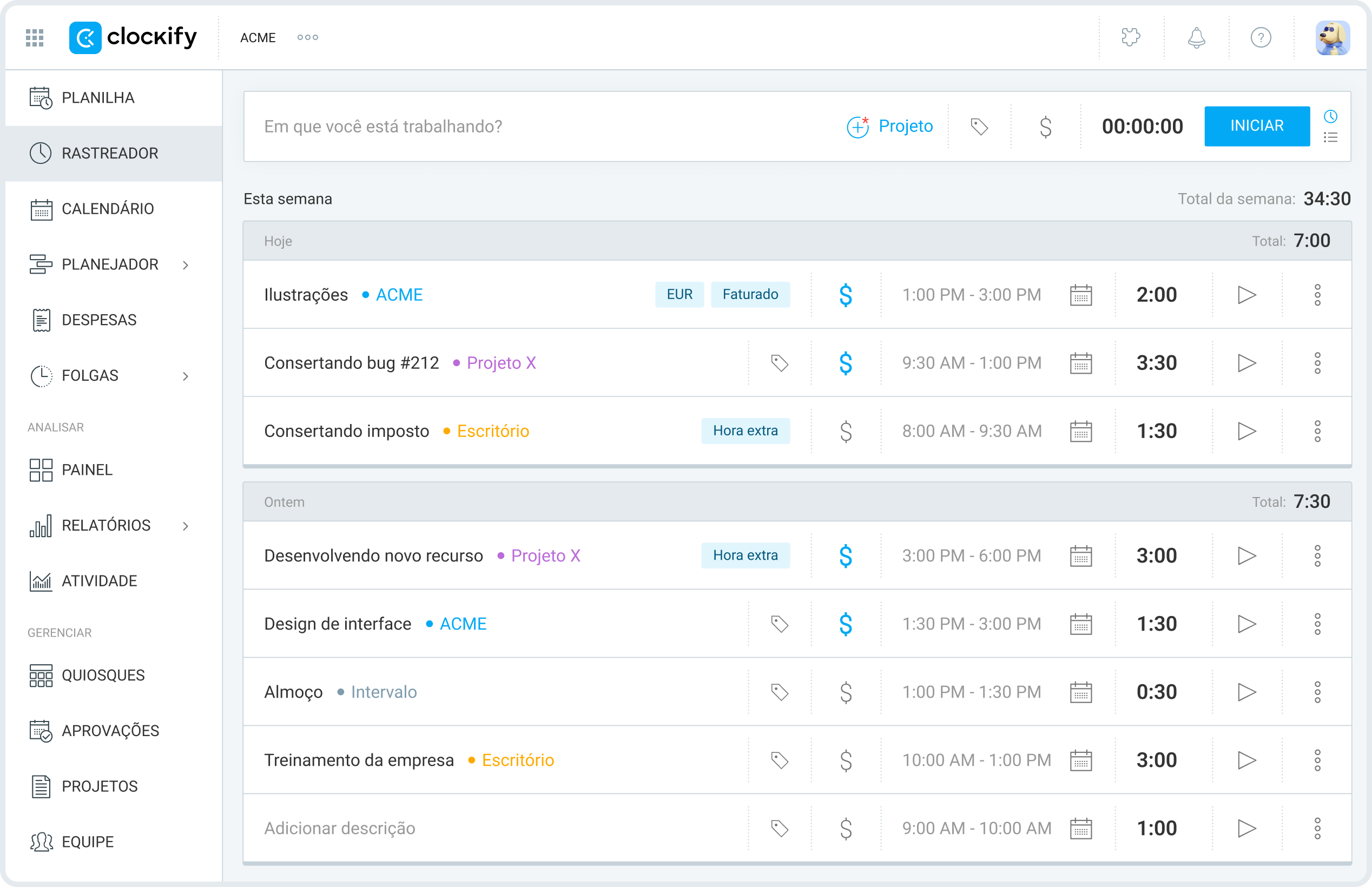 User workspace shown in Clockify time tracker