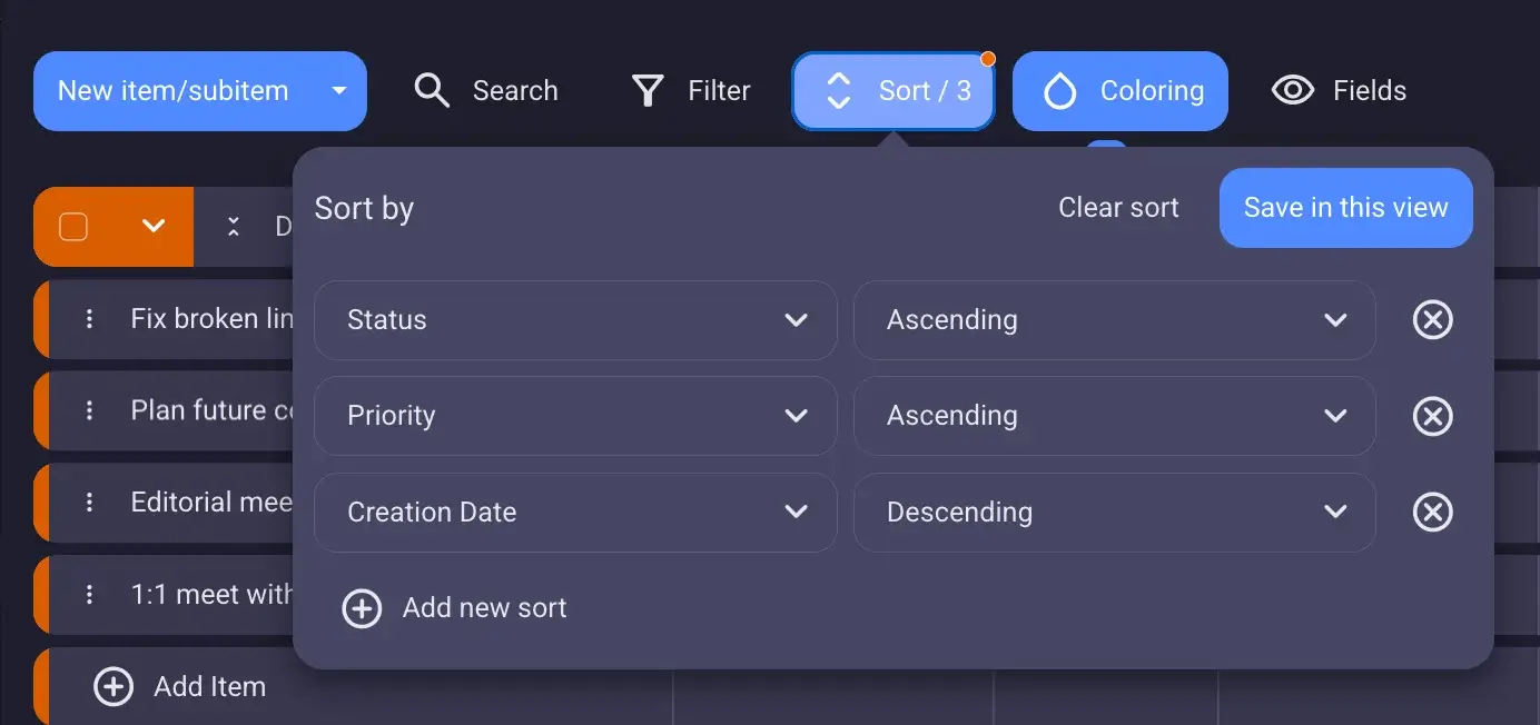 Sorting tasks in Plaky