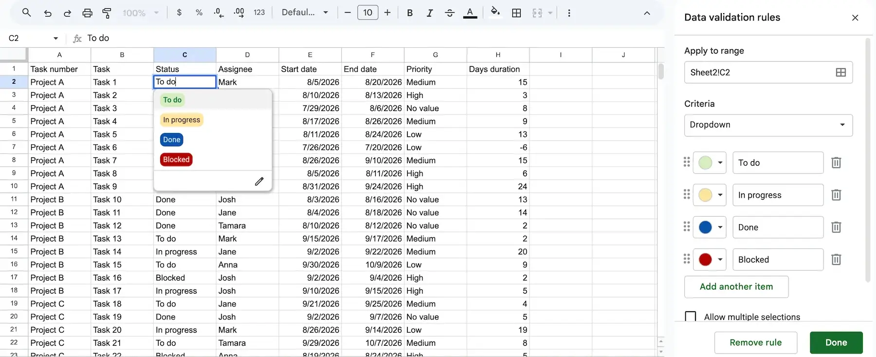 Adding a dropdown list in Google Sheets