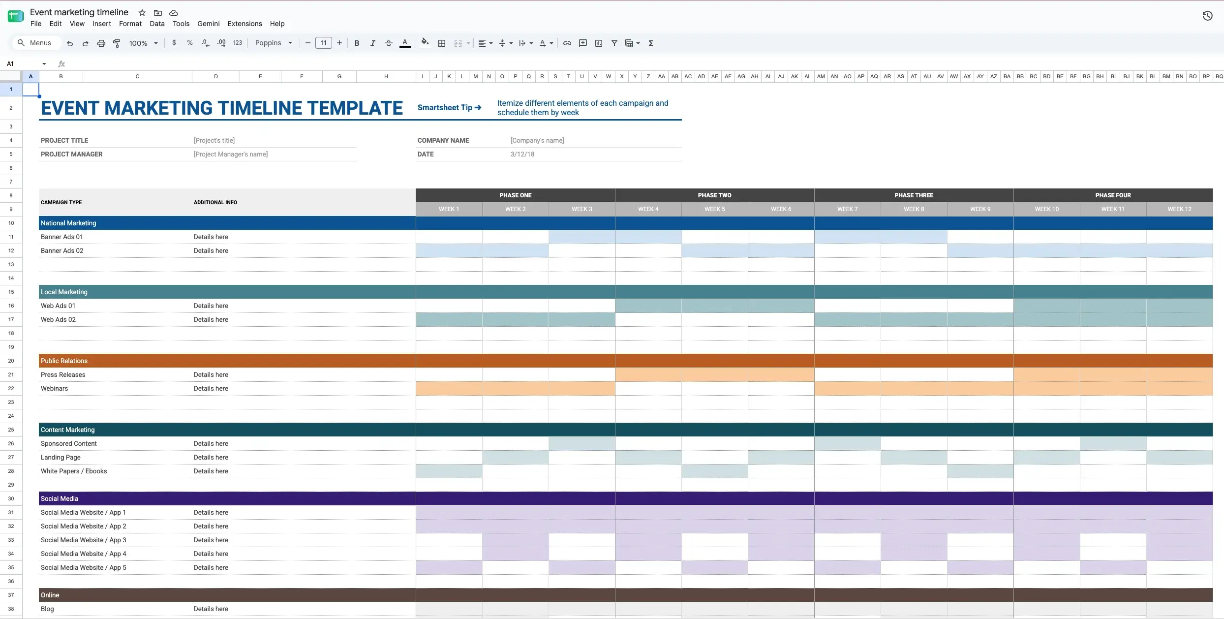 Event marketing timeline template in Google Sheets template gallery