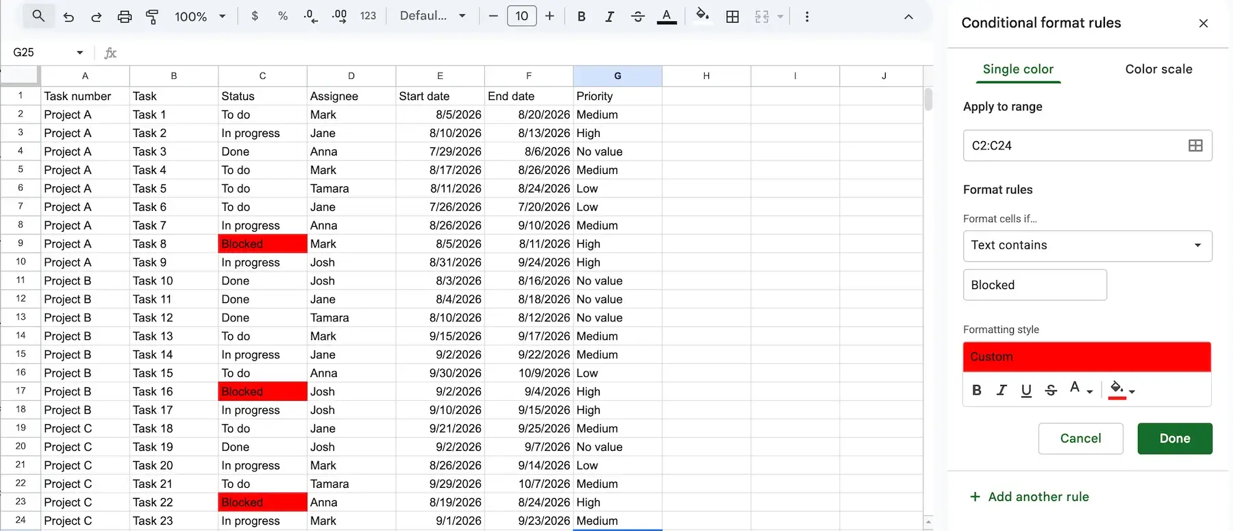Highlighting blocked tasks with conditional formatting feature in Google Sheets