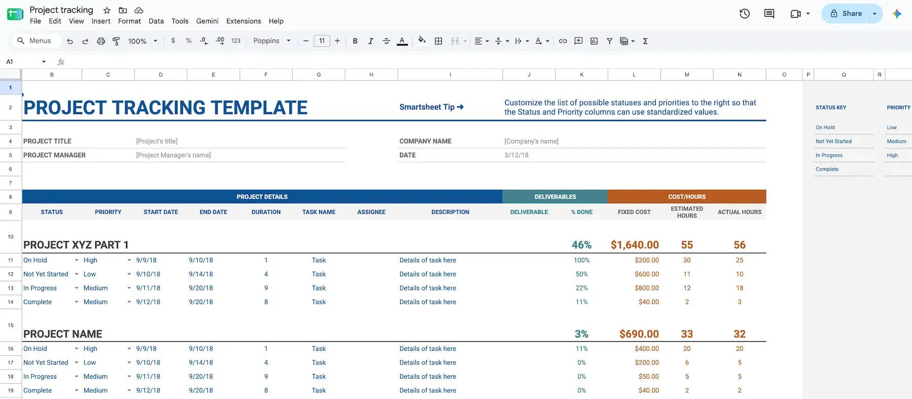 Project tracking template in Google Sheets template library