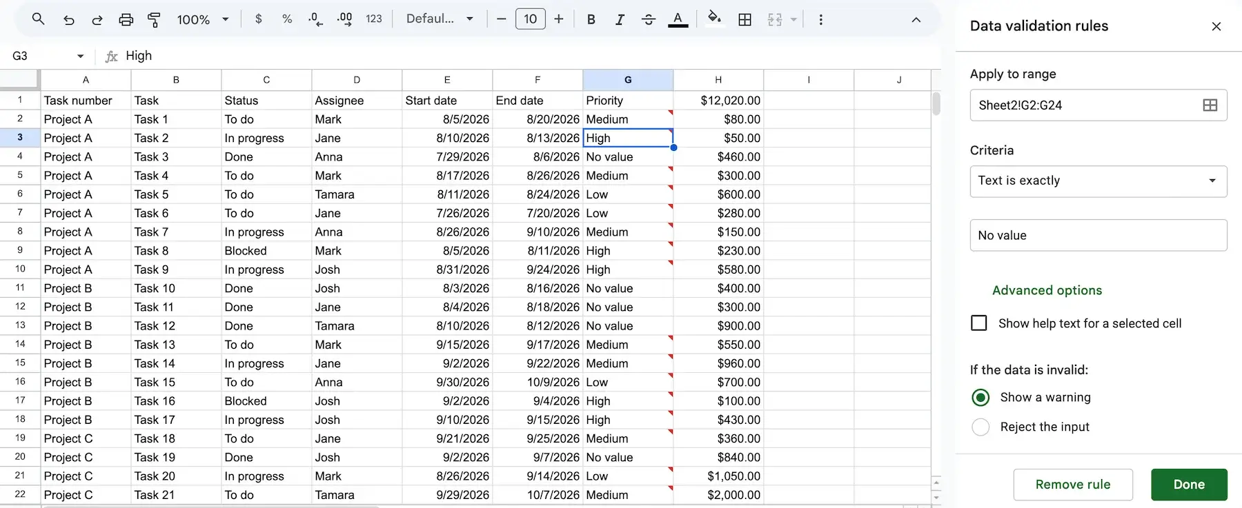Setting up data validation rules in Google Sheets