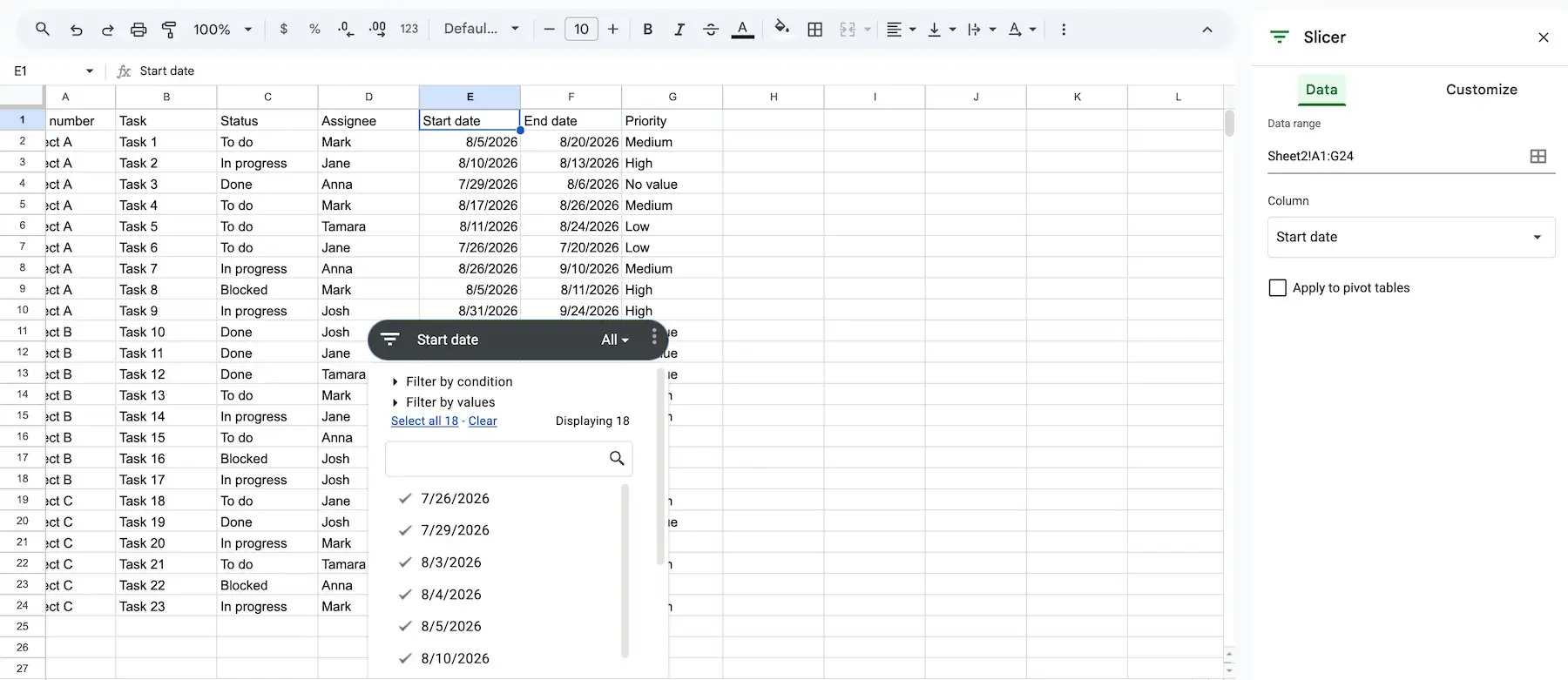Setting up slicer rules in Google Sheets