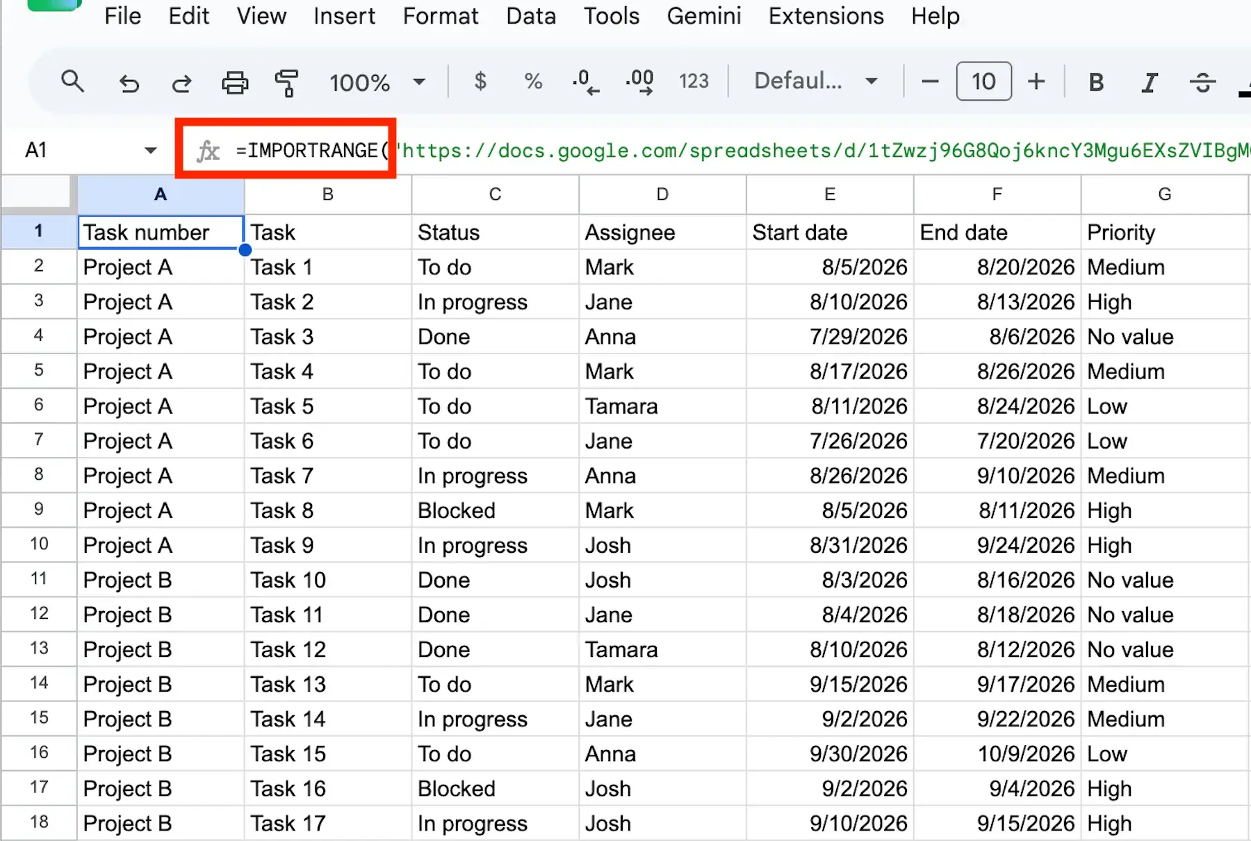 Using IMPORTRANGE function in Google Sheets to import data